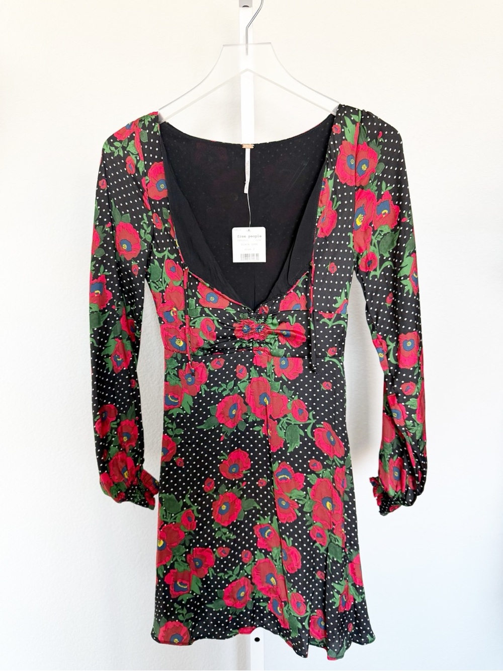 Free People Morning Light Floral Long Sleeve Mini Dress Black and Red Polka Dots - Picture 2 of 10